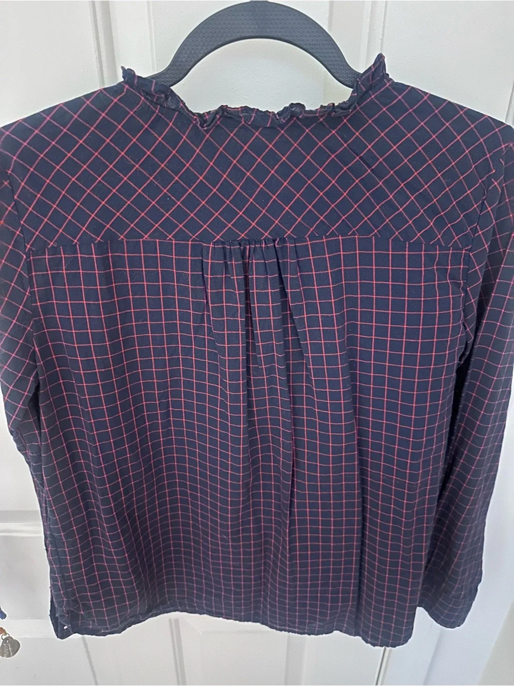 J. Crew Navy Long-Sleeve Check Blouse with Ruffle Collar